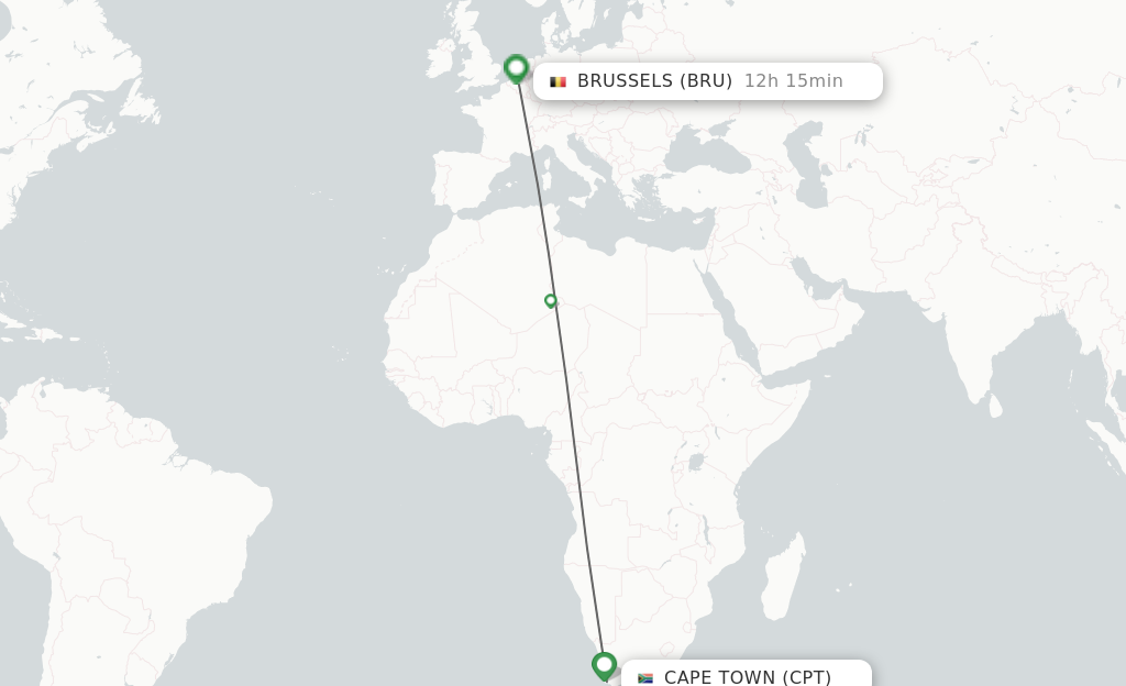 Flights from Cape Town to Brussels route map