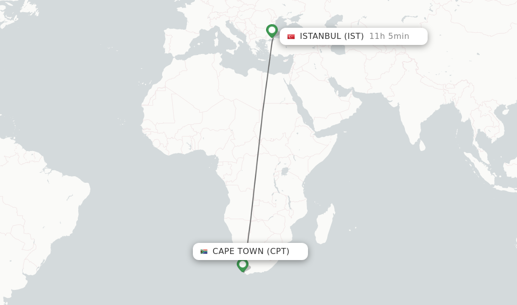 Flights from Cape Town to Istanbul route map