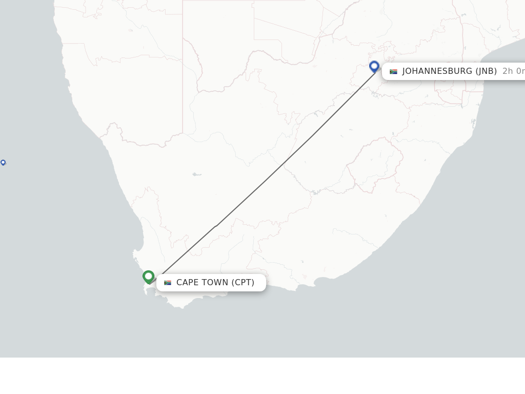 Flights from Cape Town to Johannesburg route map