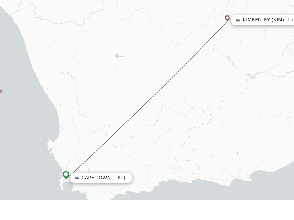 Flights from Cape Town to Kimberley route map