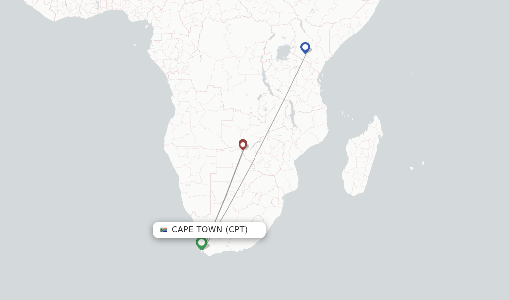 Route map with flights from Cape Town with Kenya Airways