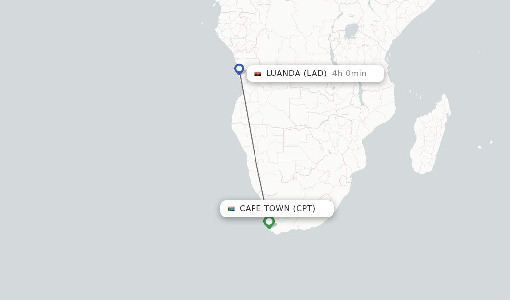 Flights from Cape Town to Luanda route map