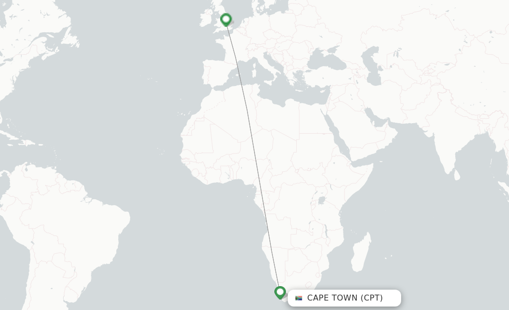 Route map with flights from Cape Town with Virgin Atlantic