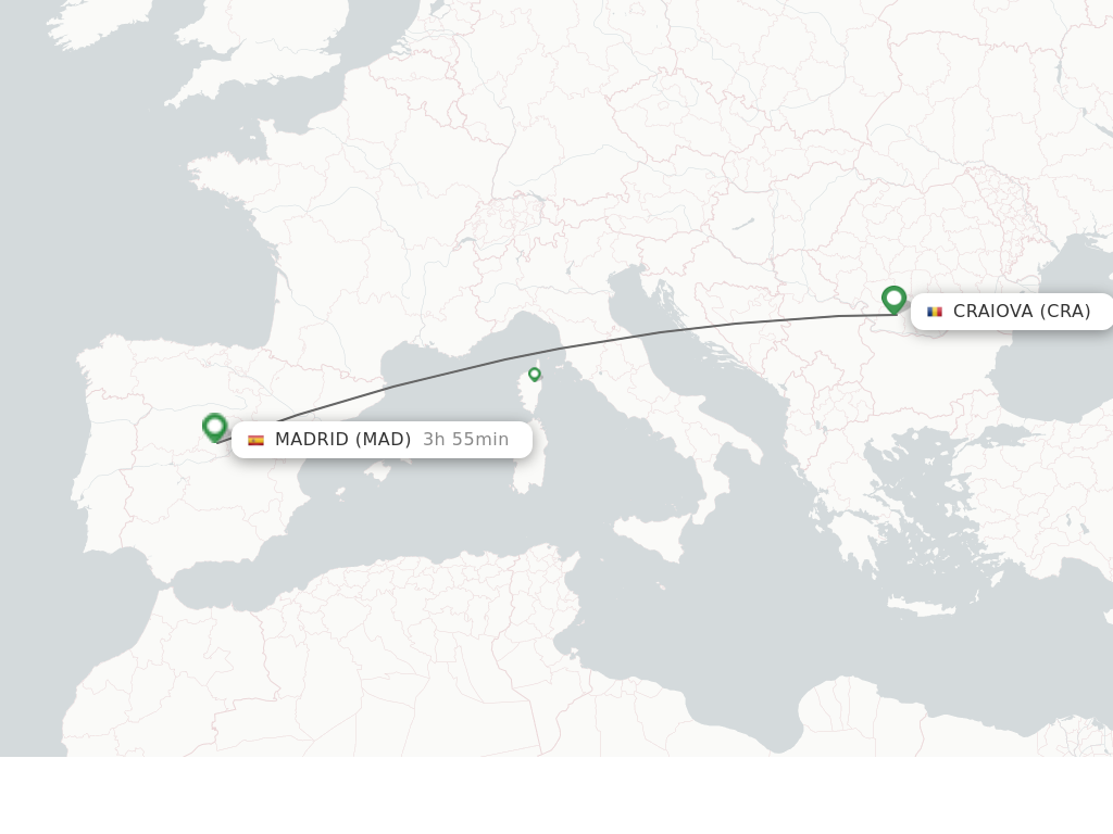 Flights from Craiova to Madrid route map