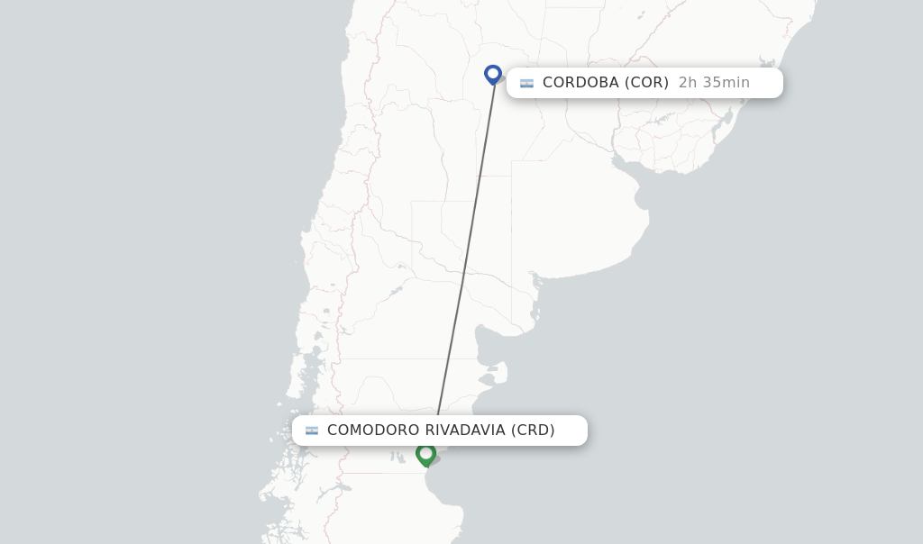 Flights from Comodoro Rivadavia to Cordoba route map