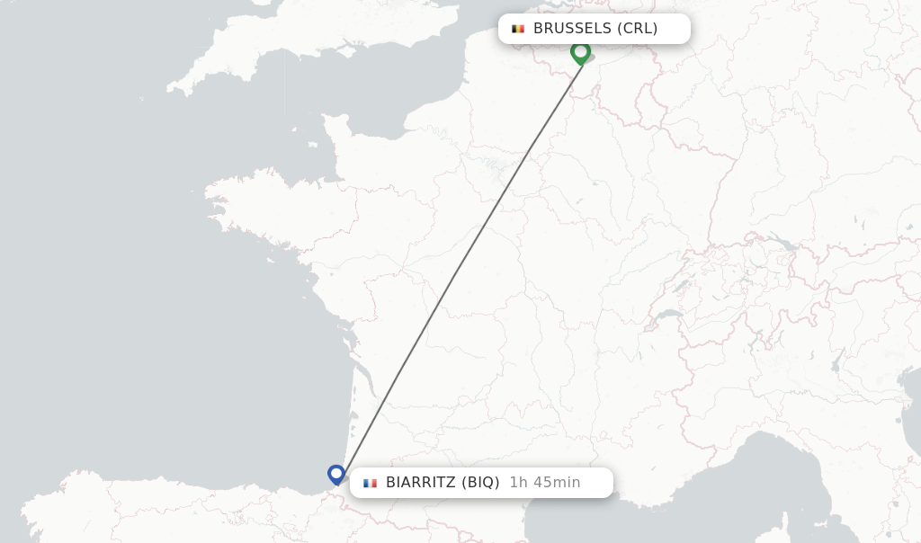 Flights from Brussels to Biarritz route map