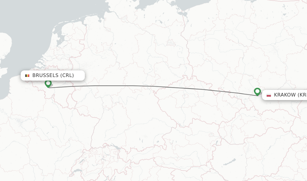 Flights from Brussels to Krakow route map