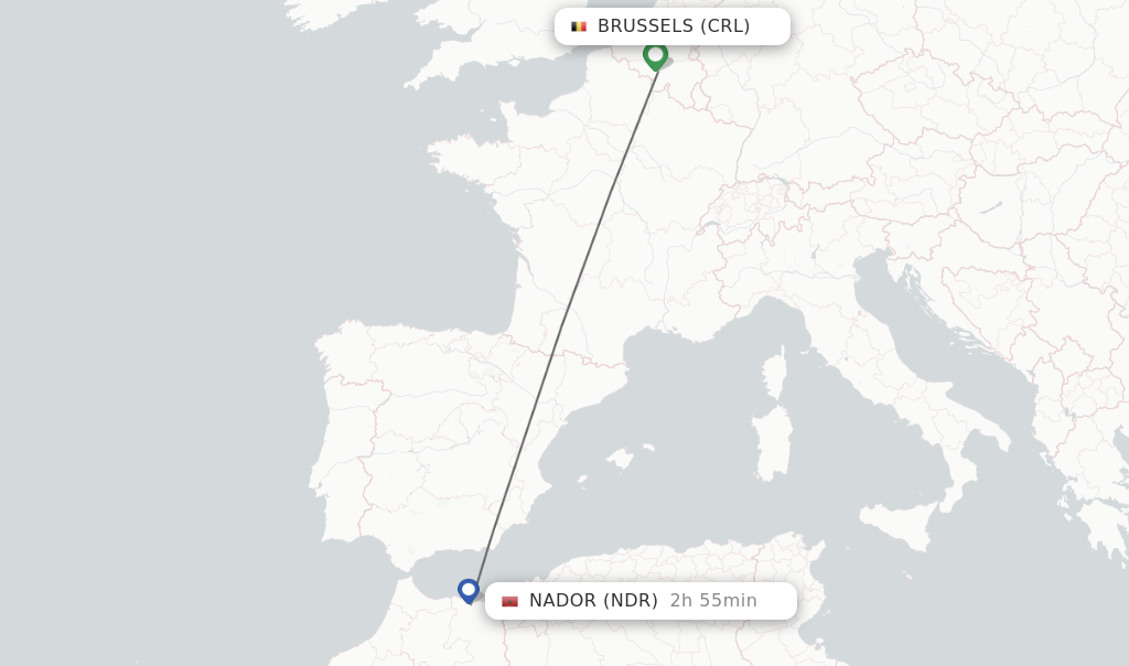 Flights from Brussels to Nador route map