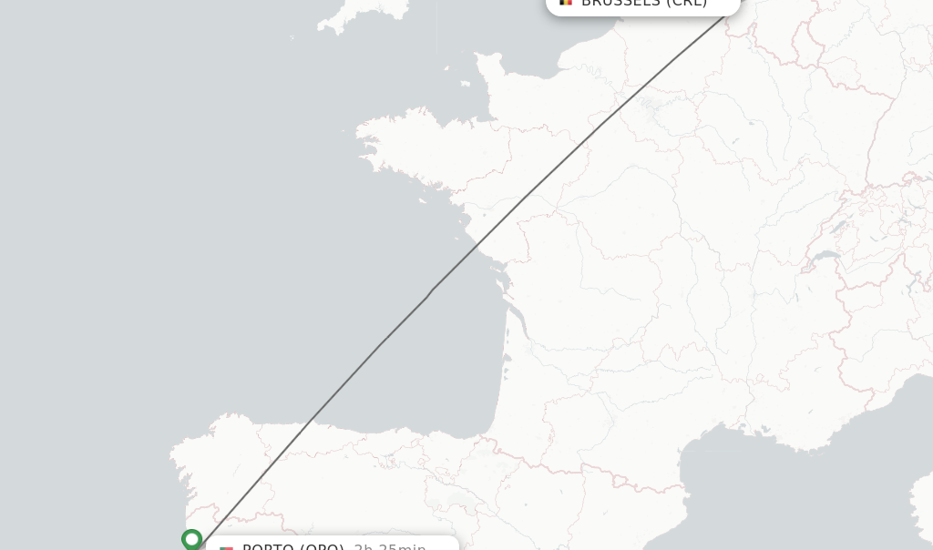 Flights from Brussels to Porto route map