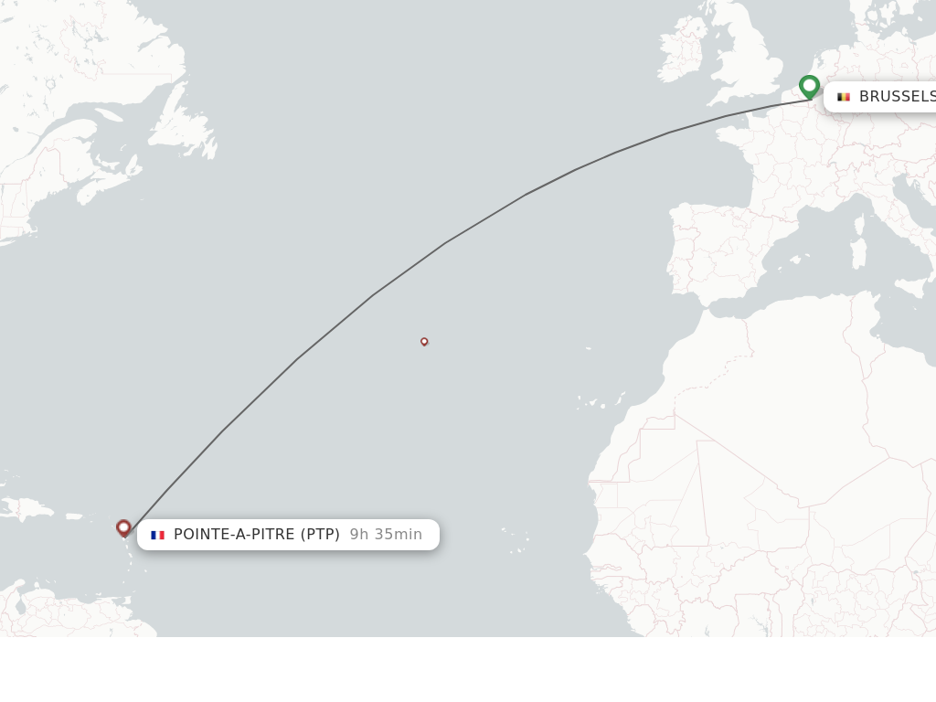 Flights from Pointe-A-Pitre to Brussels route map