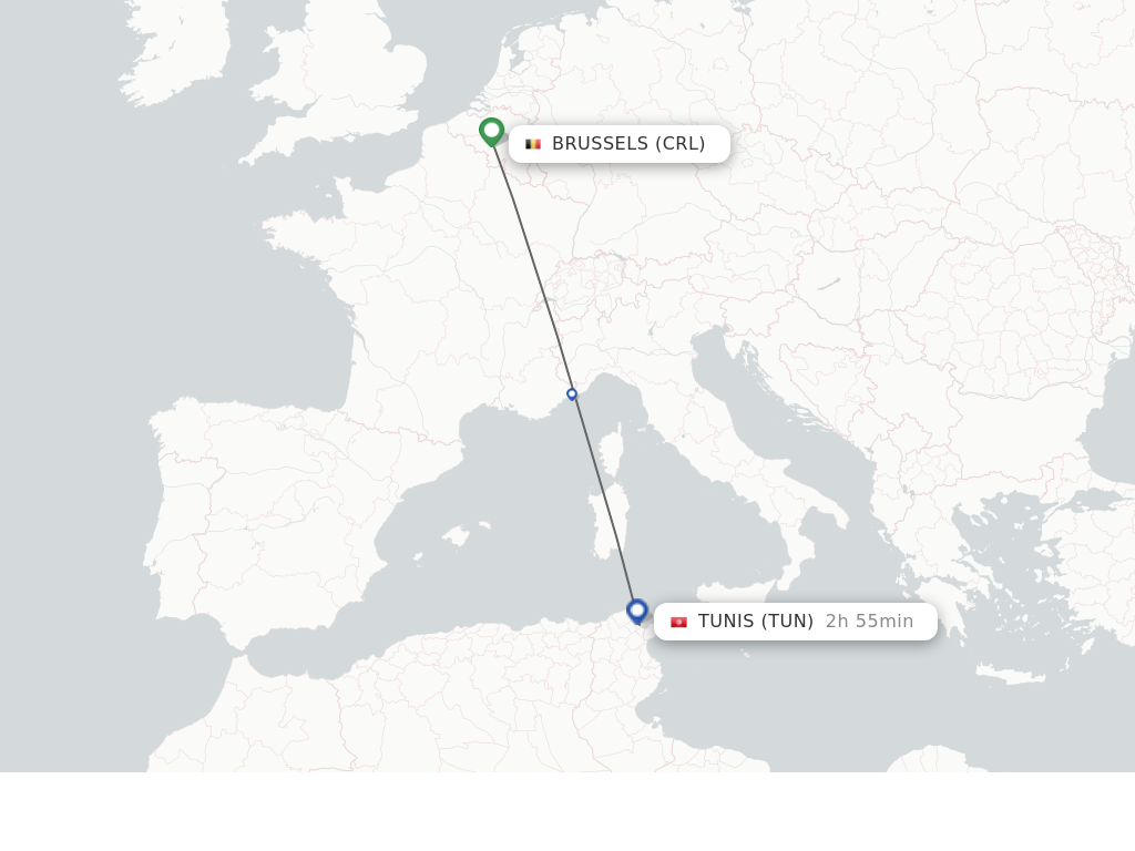 Flights from Brussels to Tunis route map