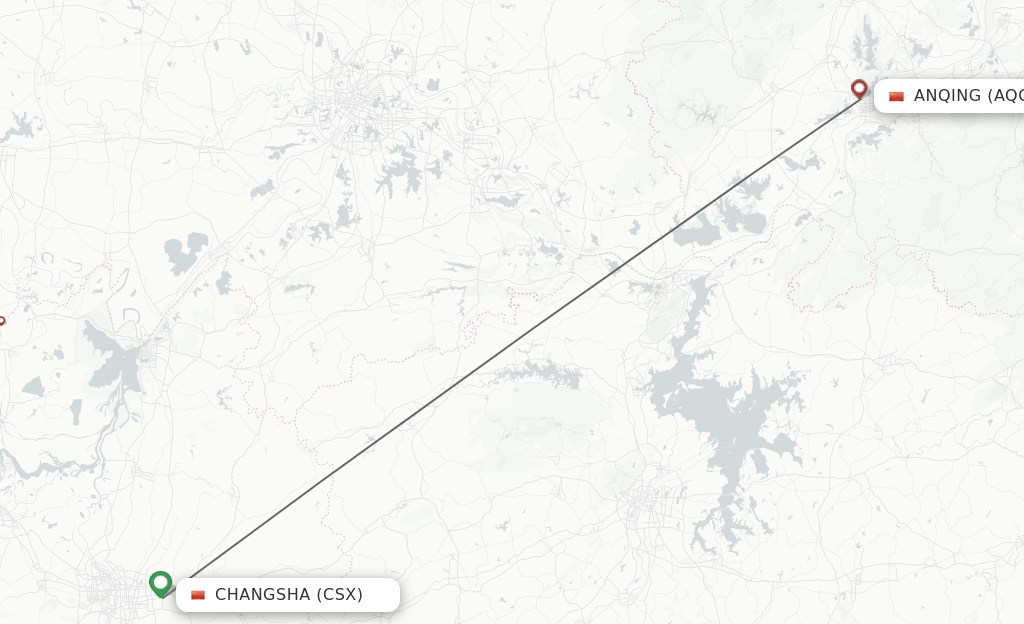 Flights from Changsha to Anqing route map
