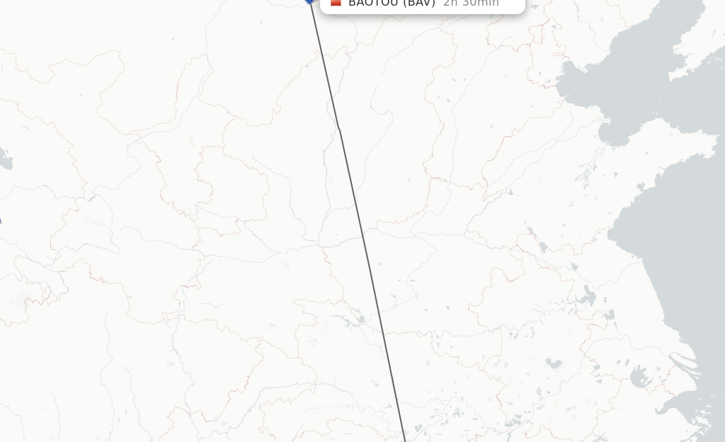 Flights from Changsha to Baotou route map