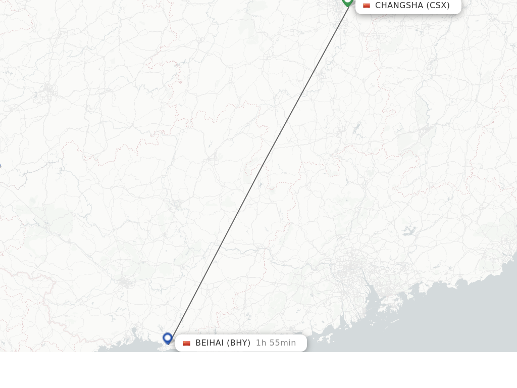 Flights from Changsha to Beihai route map