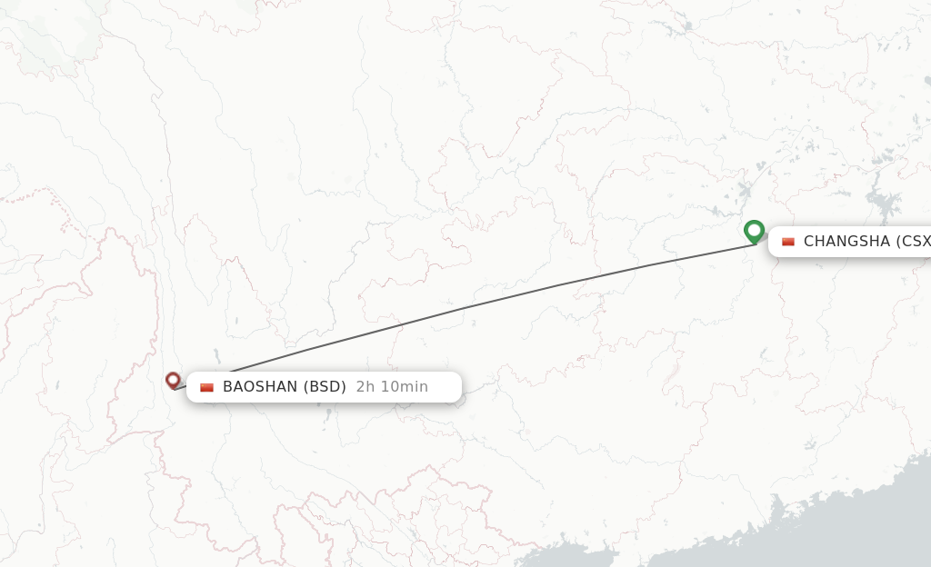 Flights from Changsha to Baoshan route map