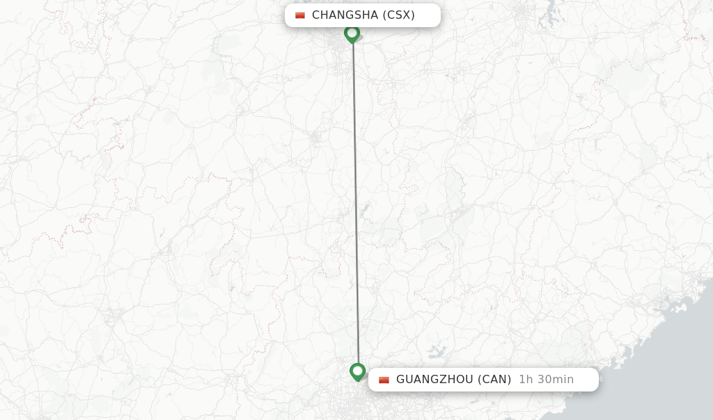 Flights from Changsha to Guangzhou route map