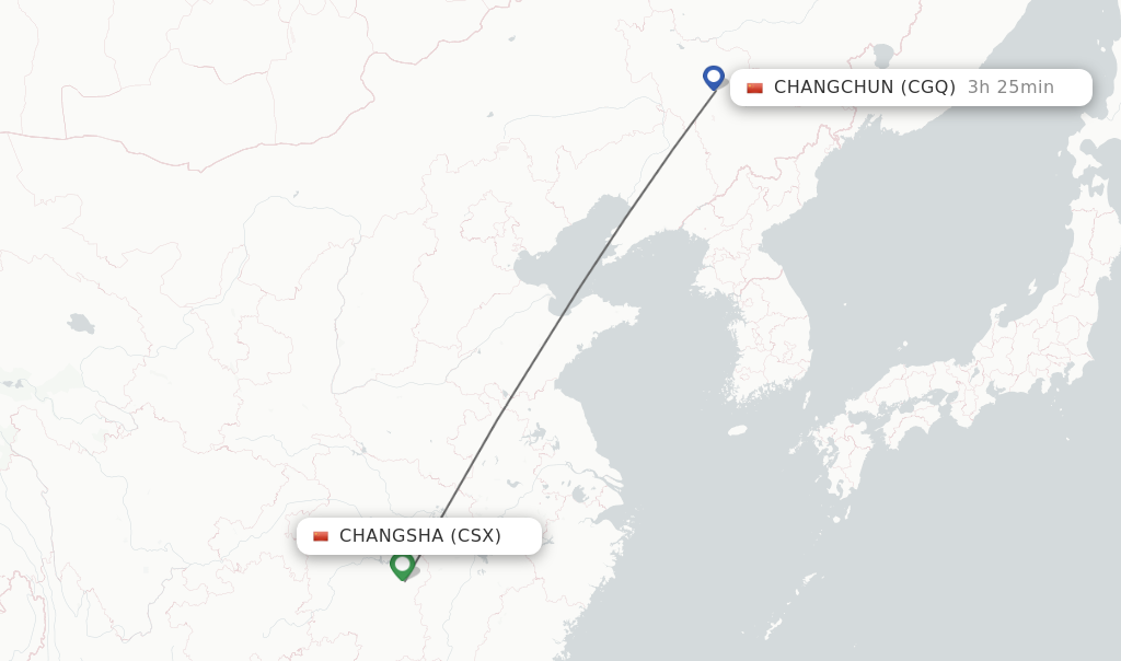 Flights from Changsha to Changchun route map