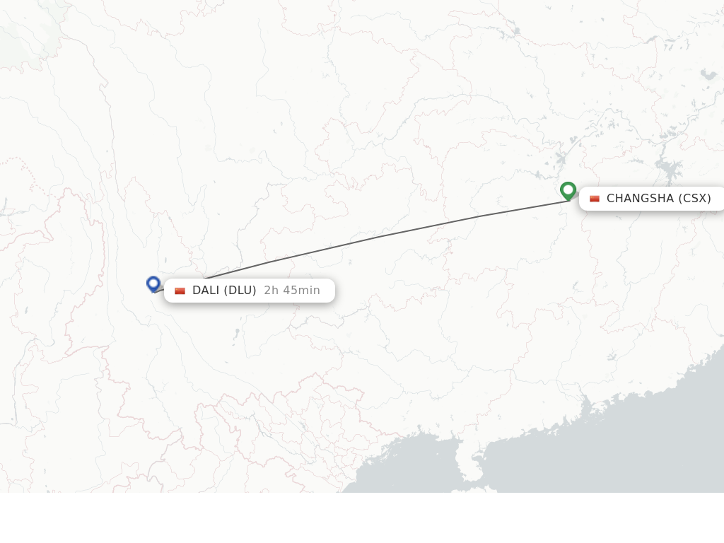 Flights from Changsha to Dali route map