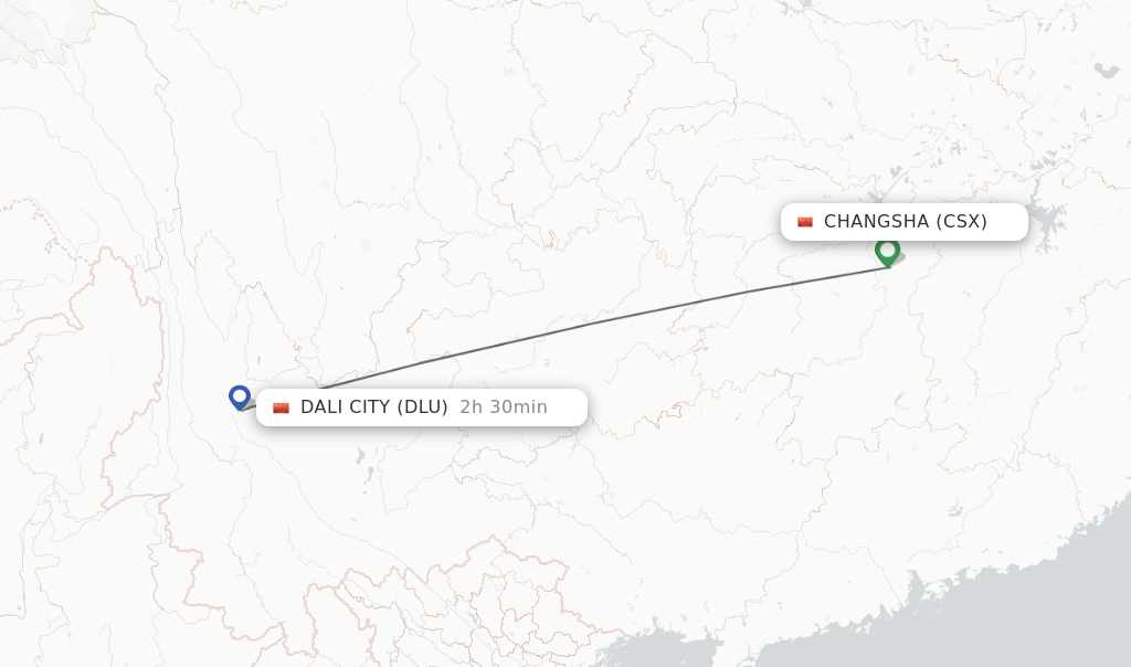 Flights from Changsha to Dali City route map