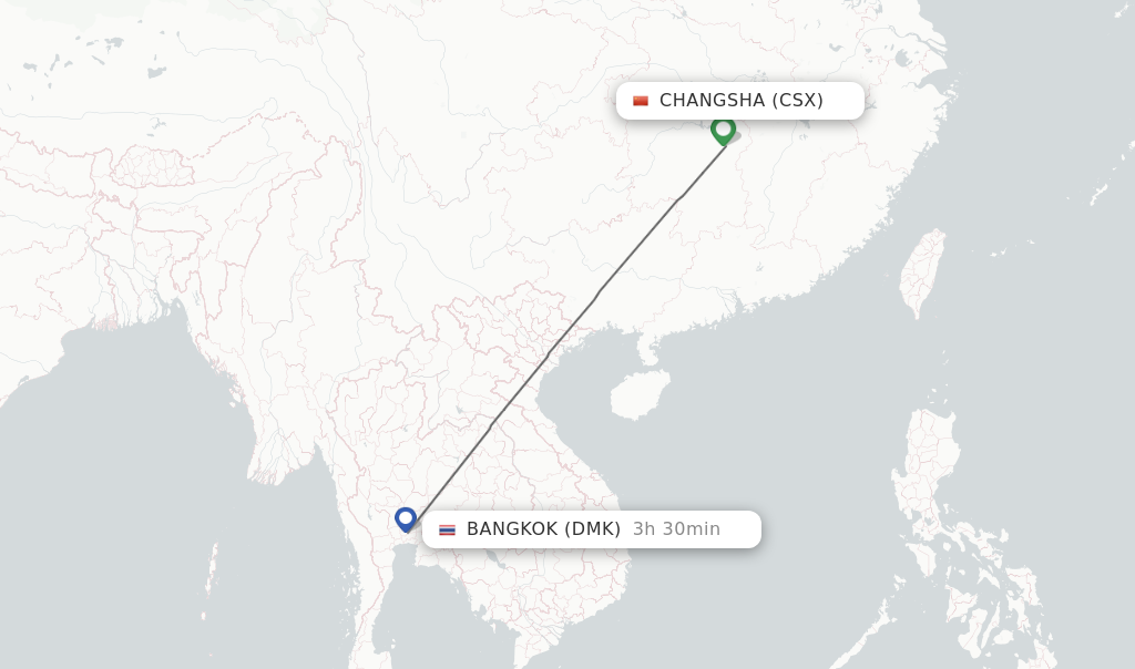 Flights from Changsha to Bangkok route map