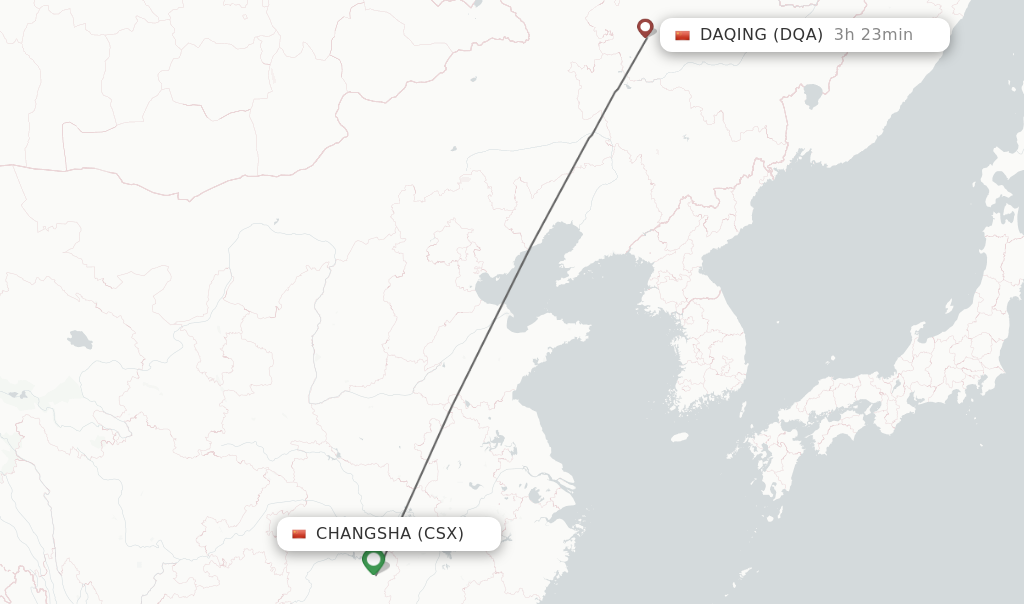 Flights from Changsha to Daqing route map