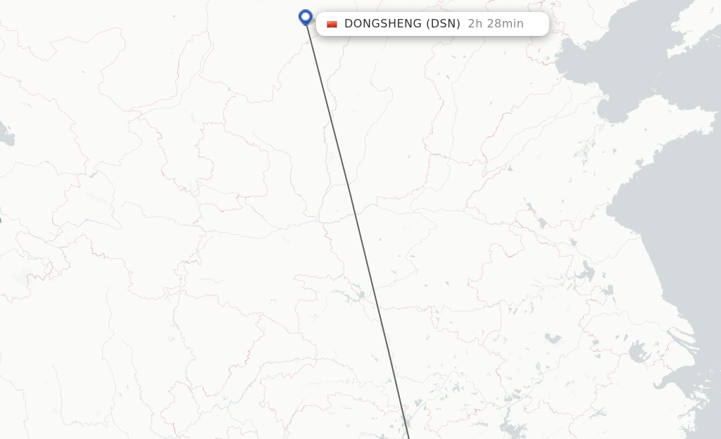 Flights from Changsha to Dongsheng route map