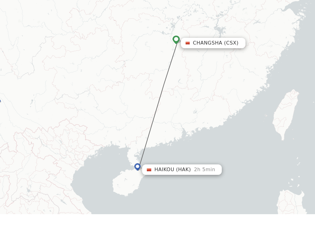 Flights from Changsha to Haikou route map