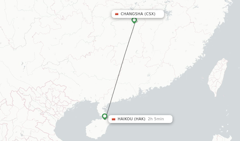 Flights from Changsha to Haikou route map