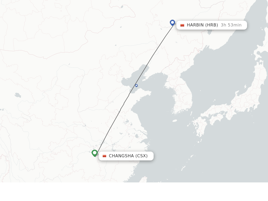 Flights from Changsha to Harbin route map