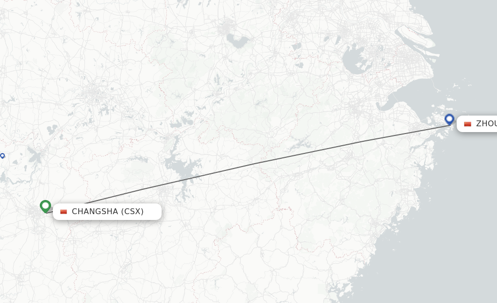 Flights from Changsha to Zhoushan route map