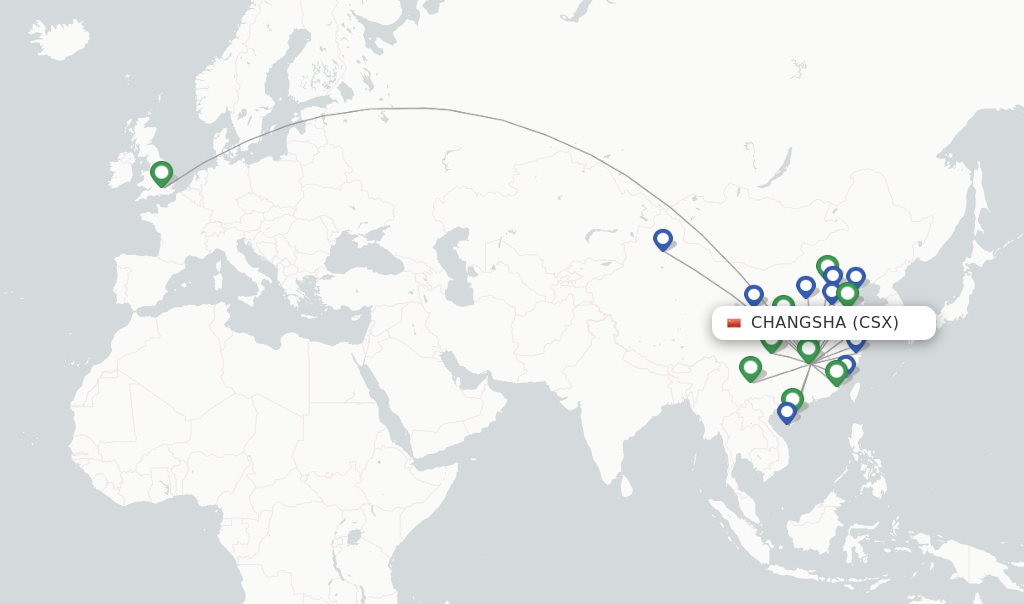 Route map with flights from Changsha with Hainan Airlines
