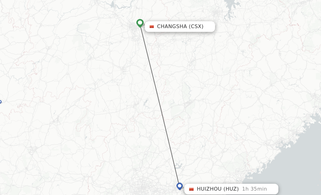 Flights from Changsha to Huizhou route map