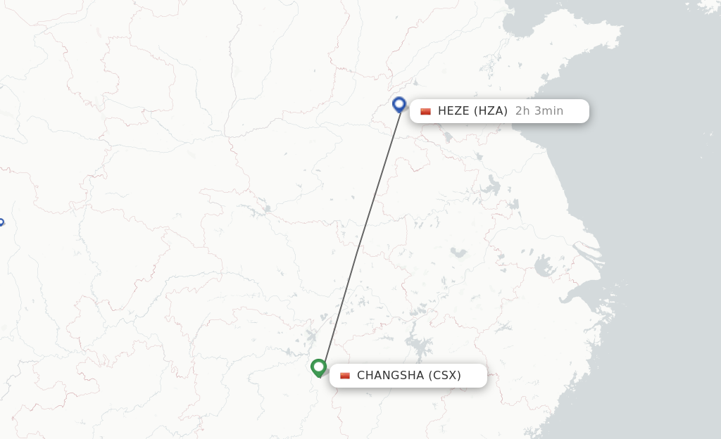 Flights from Changsha to Heze route map