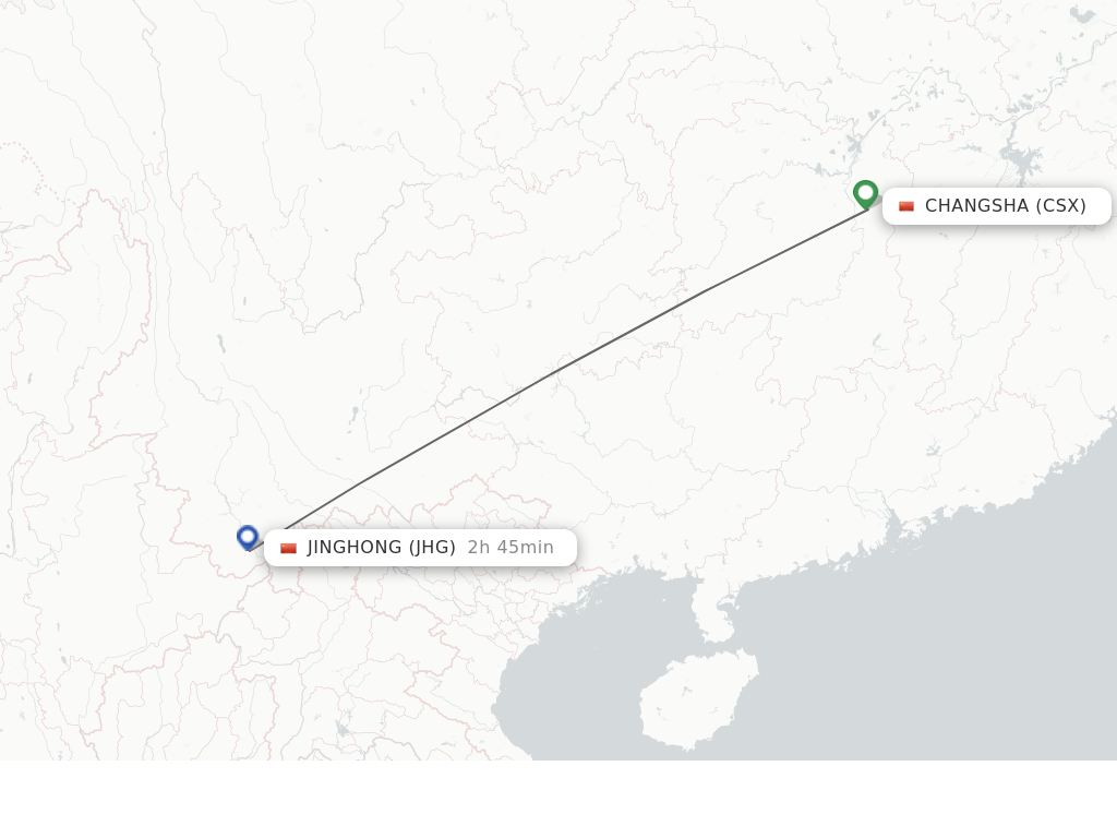 Flights from Changsha to Jinghong route map