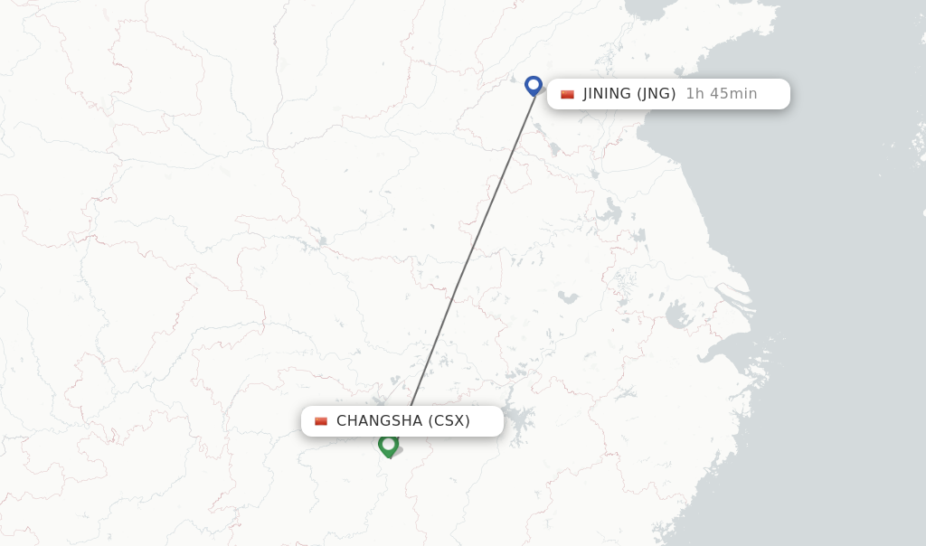 Flights from Changsha to Jining route map