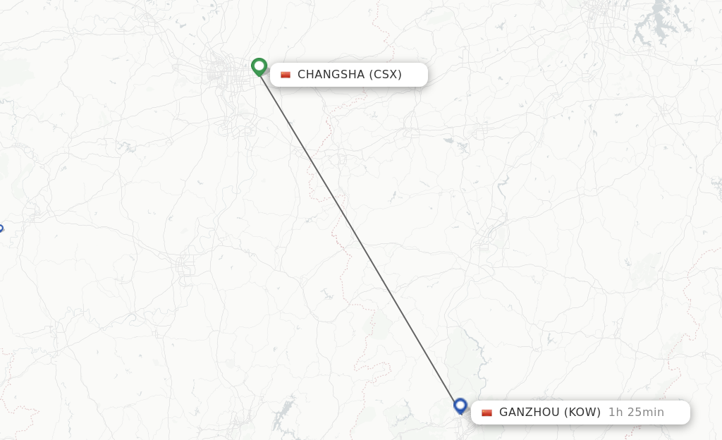 Flights from Changsha to Ganzhou route map