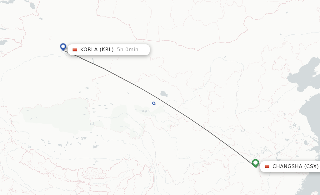 Flights from Changsha to Korla route map