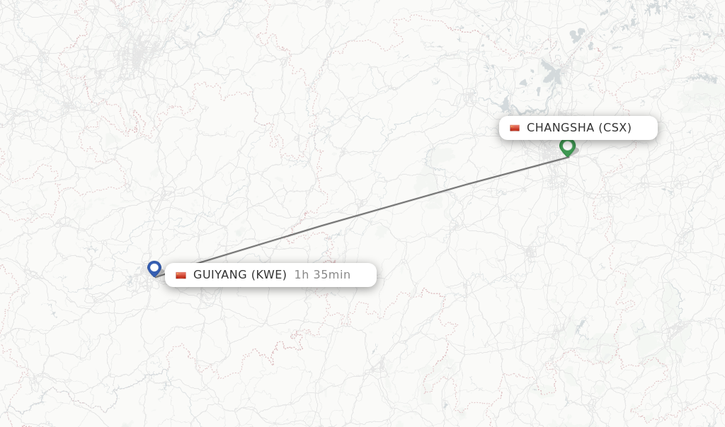 Flights from Changsha to Guiyang route map