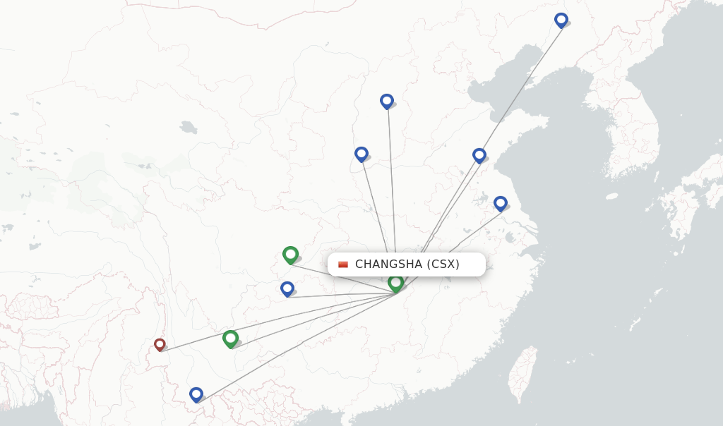 Route map with flights from Changsha with Kunming Airlines