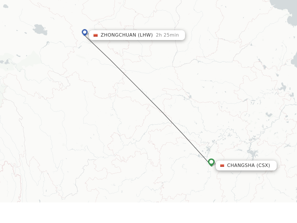 Flights from Changsha to Zhongchuan route map