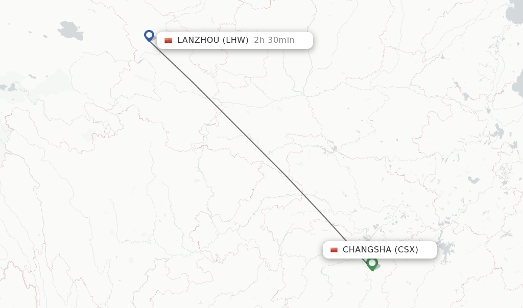 Flights from Changsha to Lanzhou route map
