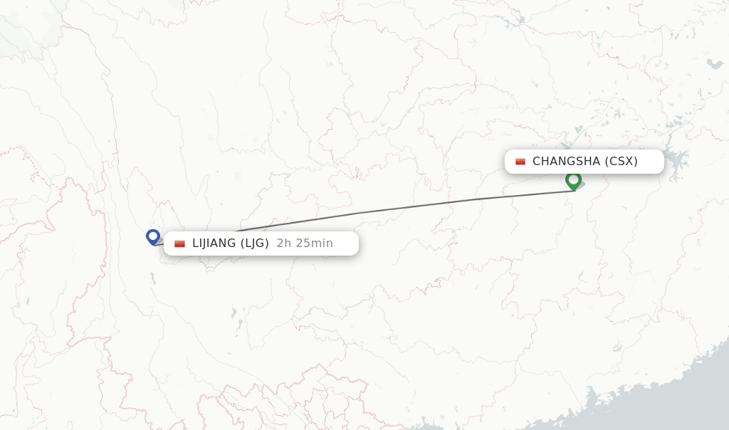 Flights from Changsha to Lijiang route map