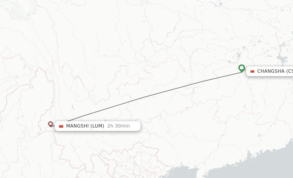 Flights from Changsha to Mangshi route map