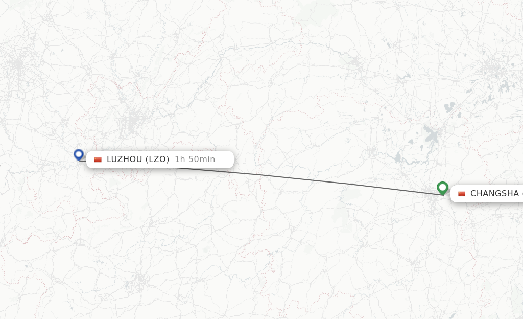 Flights from Changsha to Luzhou route map