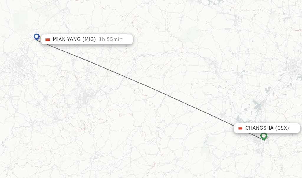Flights from Changsha to Mian Yang route map