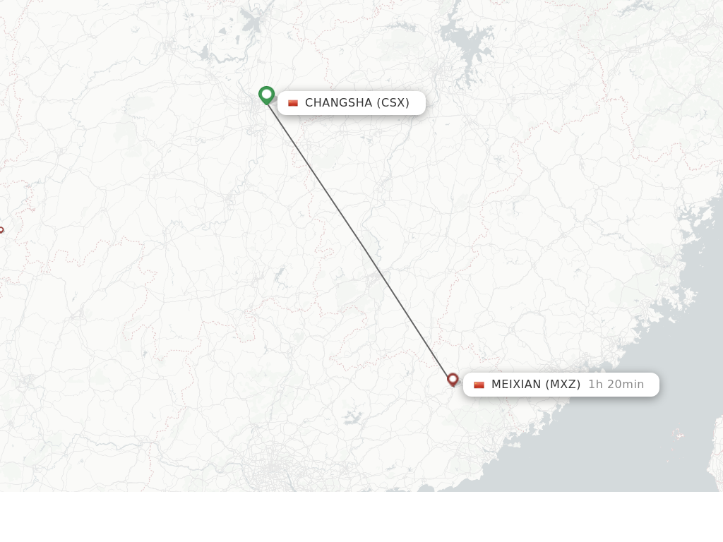 Flights from Changsha to Mei Xian route map