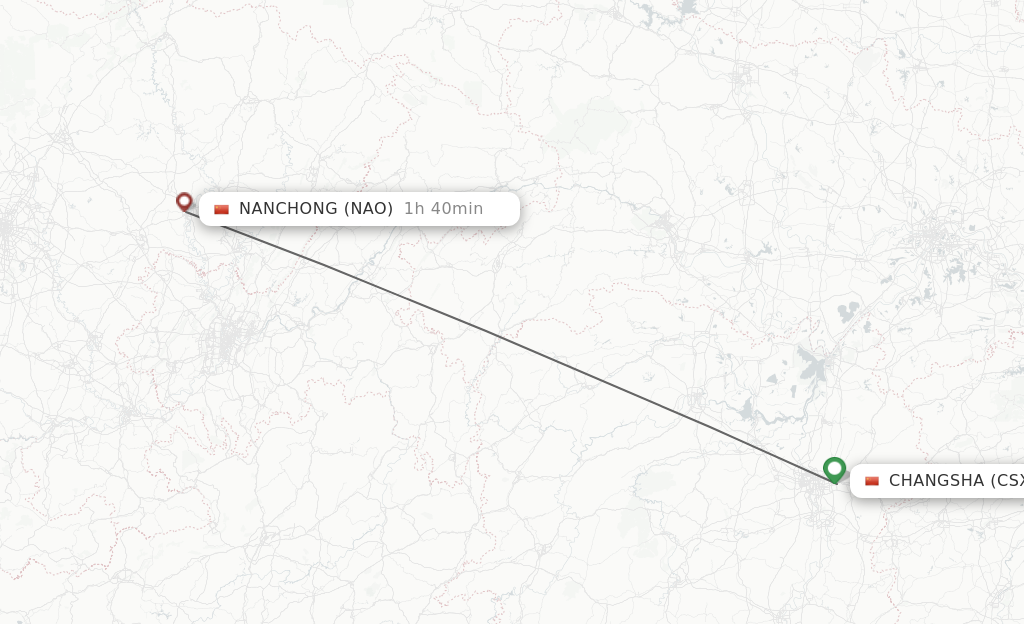 Flights from Changsha to Nanchong route map