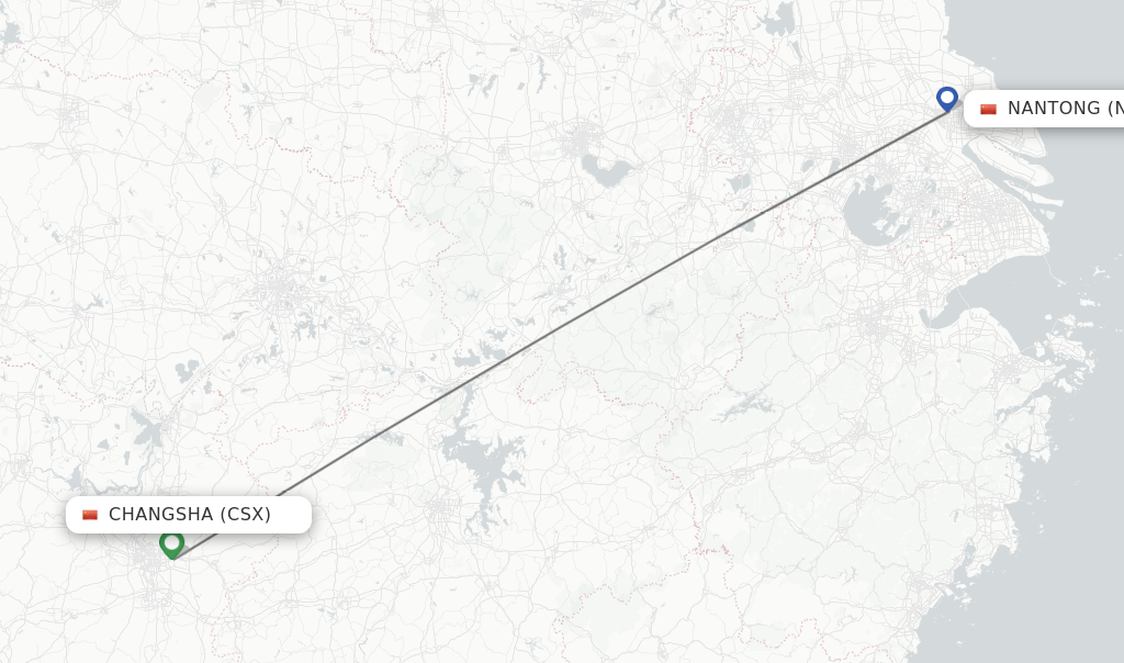 Flights from Changsha to Nantong route map