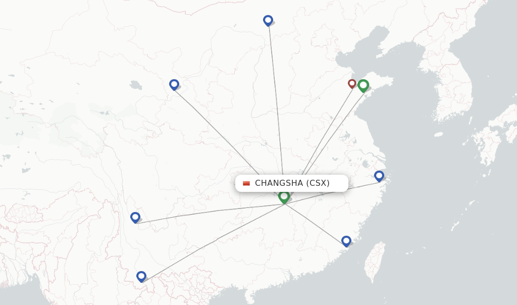 Route map with flights from Changsha with Qingdao Airlines