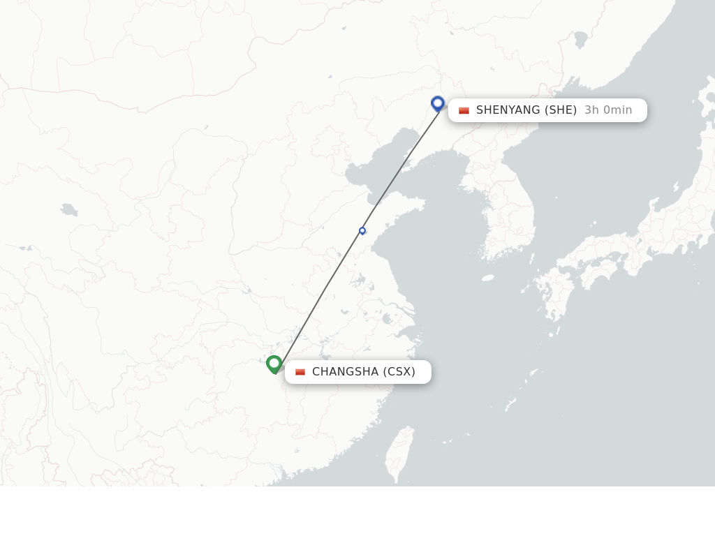 Flights from Changsha to Shenyang route map